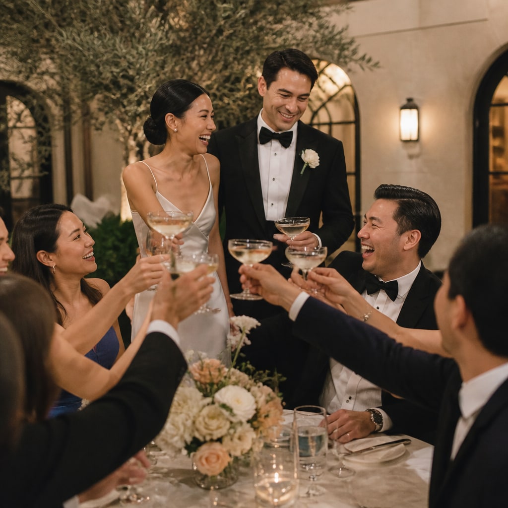 A posed portrait beside a candid guest snap of the same couple