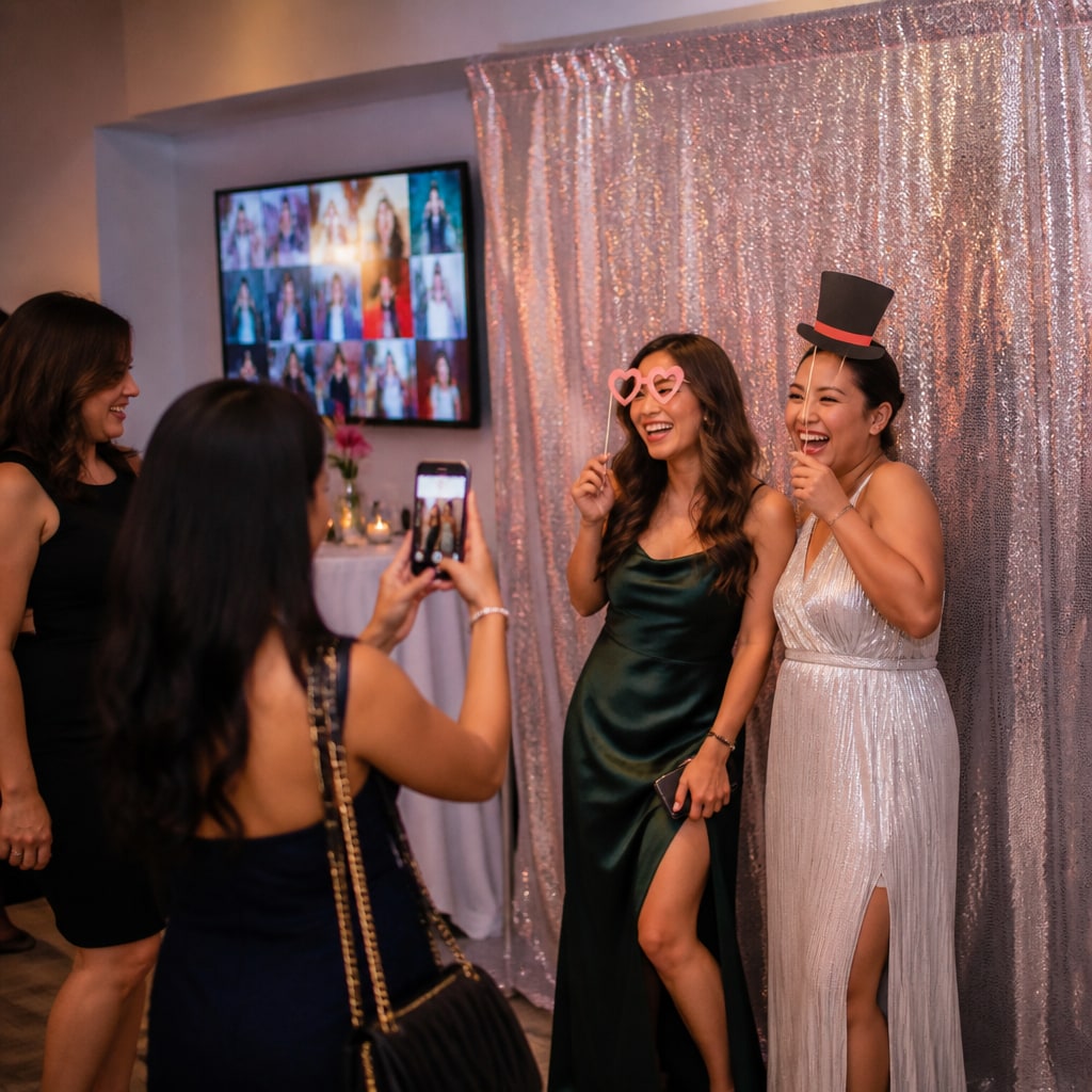 Guests photographing each other at a party with a live photo wall on a screen behind